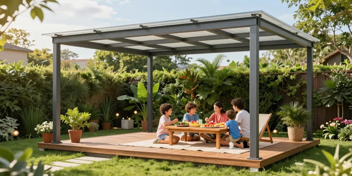 Freistehende Terrassenüberdachung mit Familie, die im Garten ein Picknick genießt.