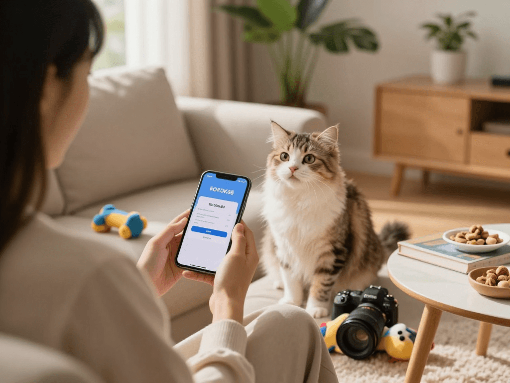 Engaging pet owner using rokok88 login on smartphone with playful cat in cozy home.
