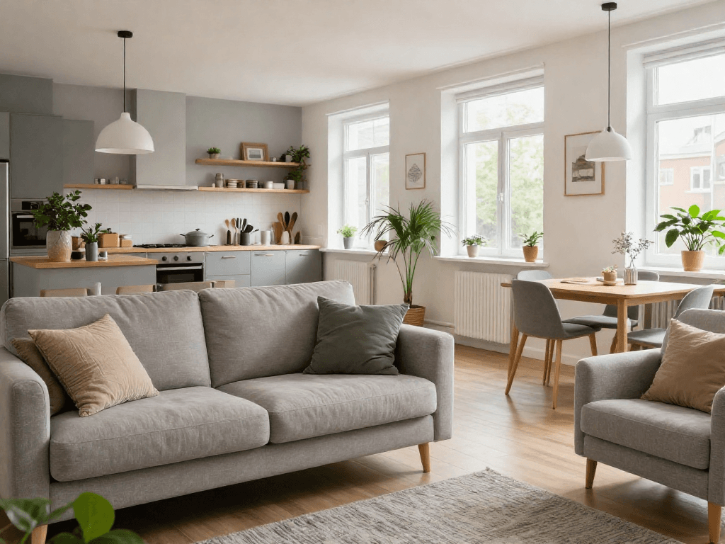 Gemütliche Monteurwohnung Hannover mit modernem Interieur und voll ausgestatteter Küche.