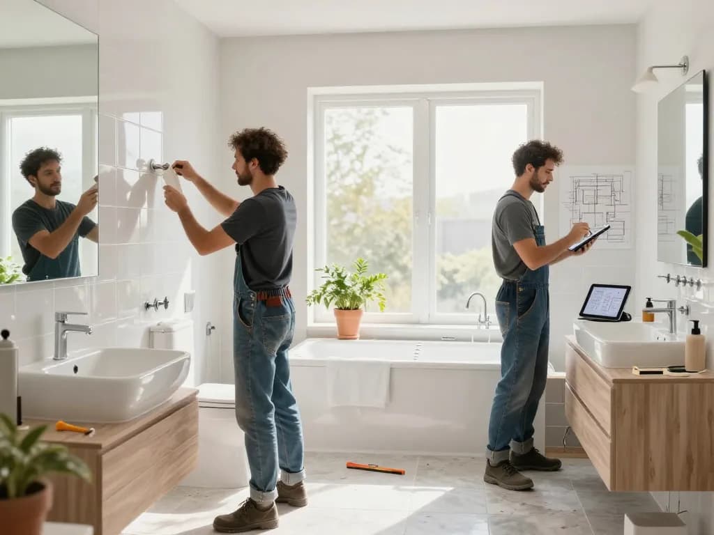 Badsanierung vom Fachbetrieb in Aktion, zeigt professionelle Handwerker bei der Installation von Fliesen und Armaturen in einem modernen Badezimmer.