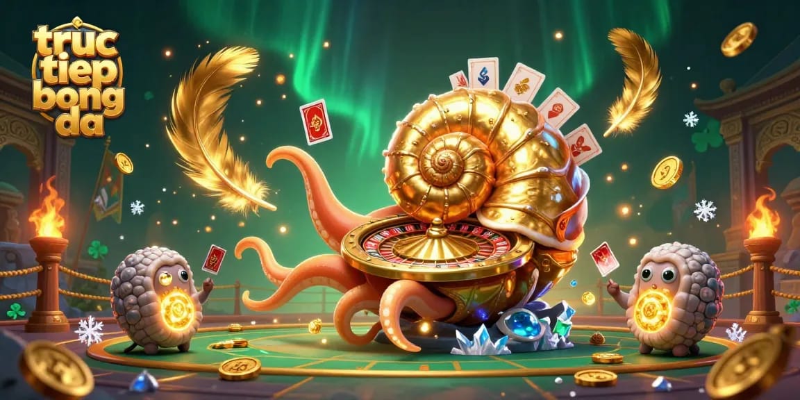Engage in truc tiep bong da with 3D cartoon nautilus and glowing ammonite companions amidst a dynamic gambling scene.