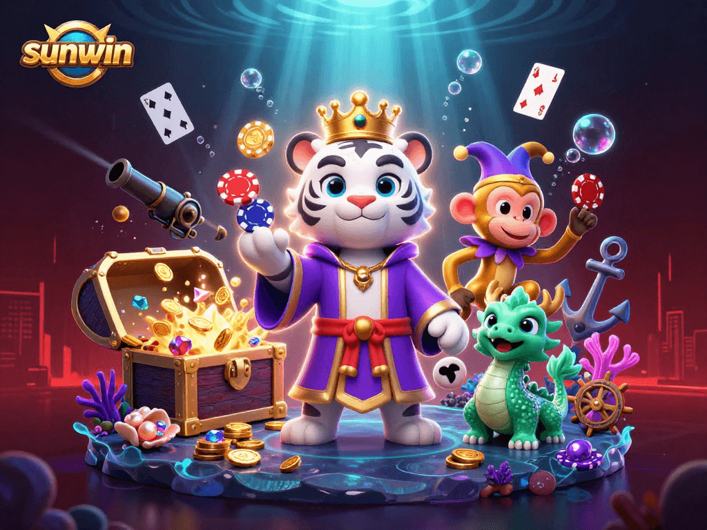 Engage with sunwin, featuring a regal white tiger, jester monkey, and dragon, embodying casino excitement.
