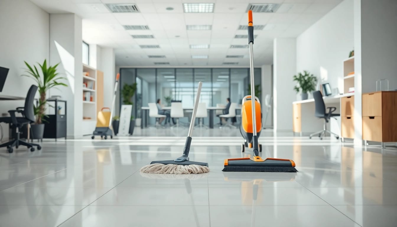 Effiziente Unterhaltsreinigung Berlin in einem modernen Büroambiente mit glänzenden Böden.