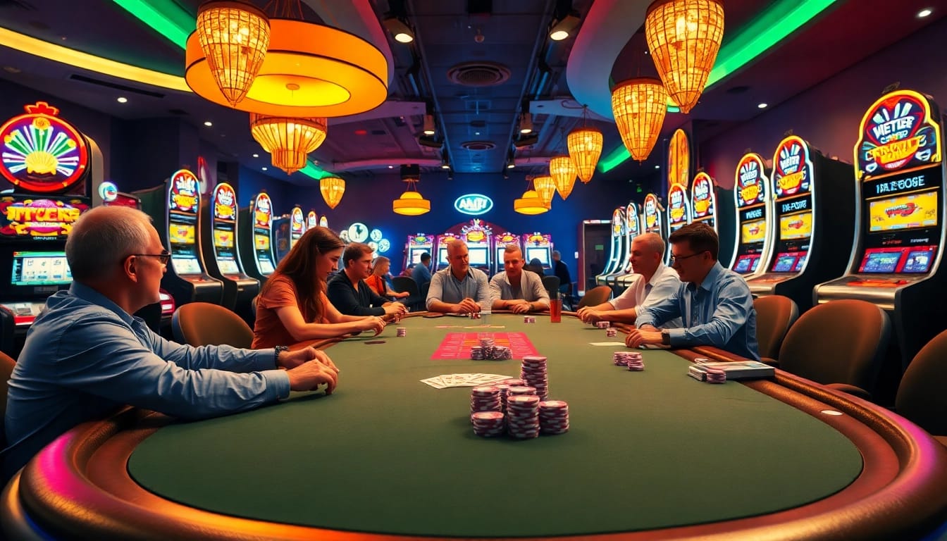 Gamer beim Casinospielen an einem Poker Tisch mit leuchtenden Farben und lebendiger Atmosphäre.