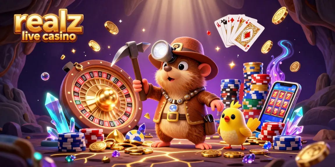 Echte Croupiers im realz live casino zeigen Blackjack und Roulette mit goldenen Münzen und Pokerchips.