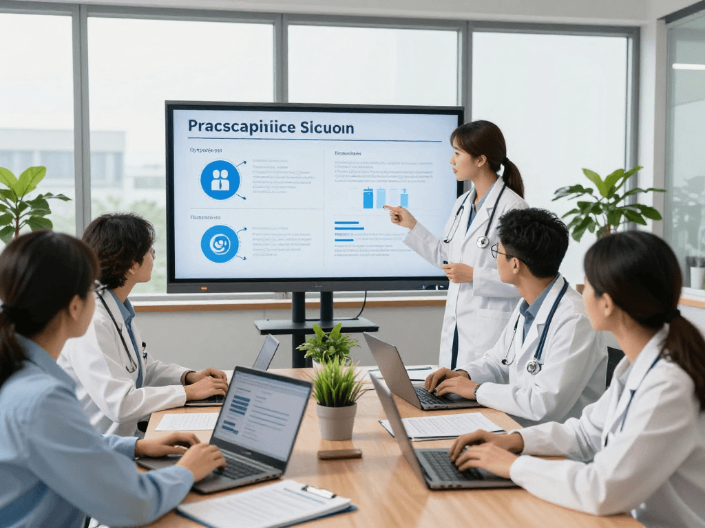 Branchenlösungen – Übersicht: Gesundheitswesen-Team bespricht Datenschutz und Barrierefreiheit.