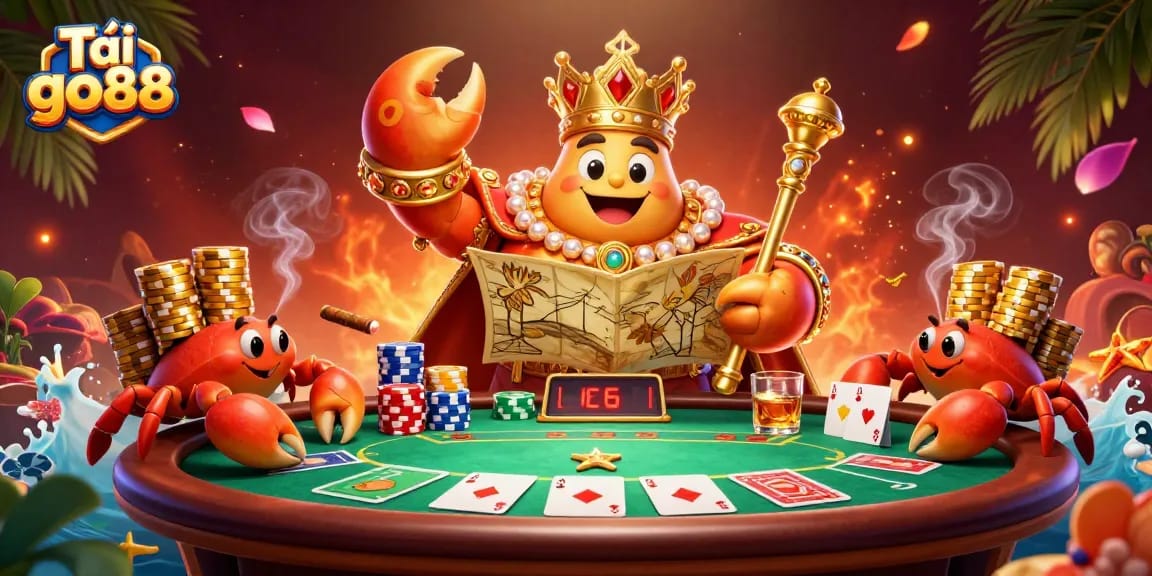 Engage with thrilling gameplay by Tải go88, featuring a golden crab emperor in a vibrant casino scene.