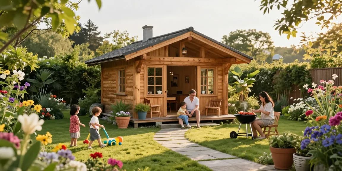 Ein wunderschönes Garten Haus umgeben von bunten Blumen und spielenden Kindern im Garten.