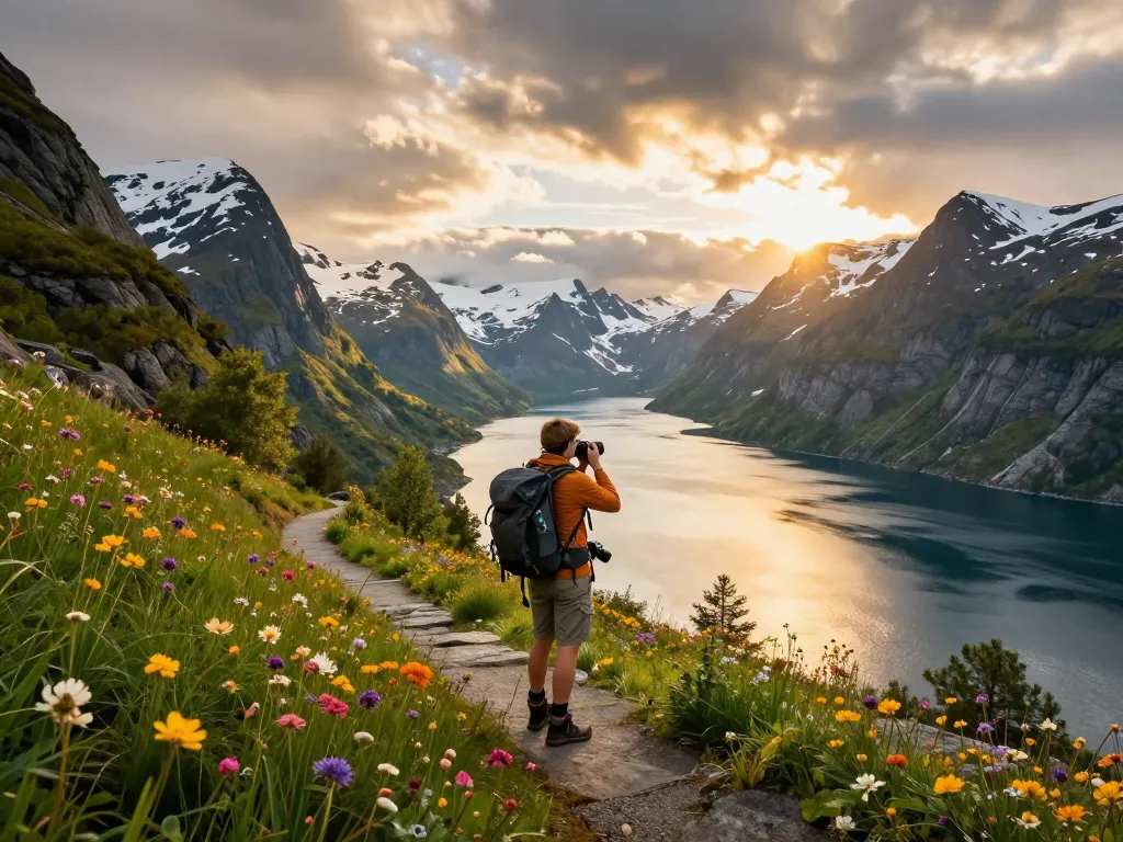 Beeindruckende Aussicht auf einen Reisenden, der seinen Urlaub in Skandinavien an einem Fjord mit Bergen und Wildblumen genießt.