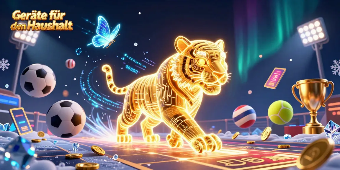 Erleben Sie die aufregenden Haushaltsgeräte in einem digitalen Casino, mit sportlichen Elementen und einem leuchtenden Hintergrund.