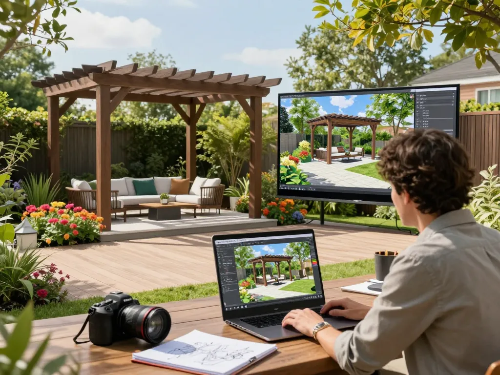 Konfigurieren Sie Ihr Pergola-3D-Modell mit fortschrittlicher Software in einer sonnigen Gartenlandschaft.
