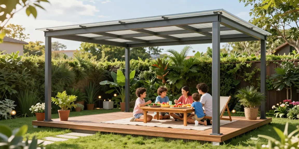 Freistehende Terrassenüberdachung mit Familie, die im Garten ein Picknick genießt.
