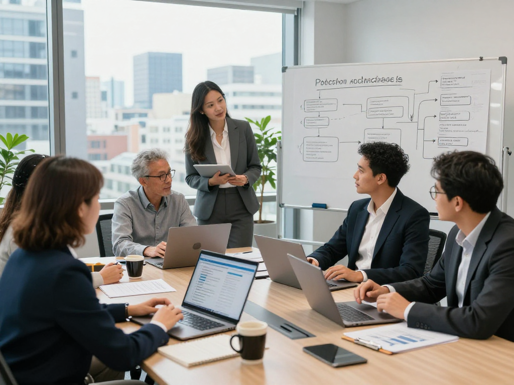 Branchenlösungen – Übersicht with a diverse consulting team discussing data protection strategies in an urban office