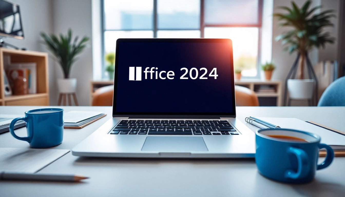 Effiziente Nutzung von Office 2024 download auf einem modernen Laptop mit Schreibtischutensilien.