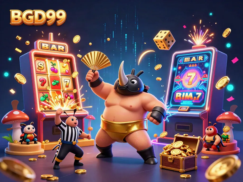BGD99 showcases a dynamic casino scene featuring a beetle sumo champion surrounded by an explosion of casino elements.