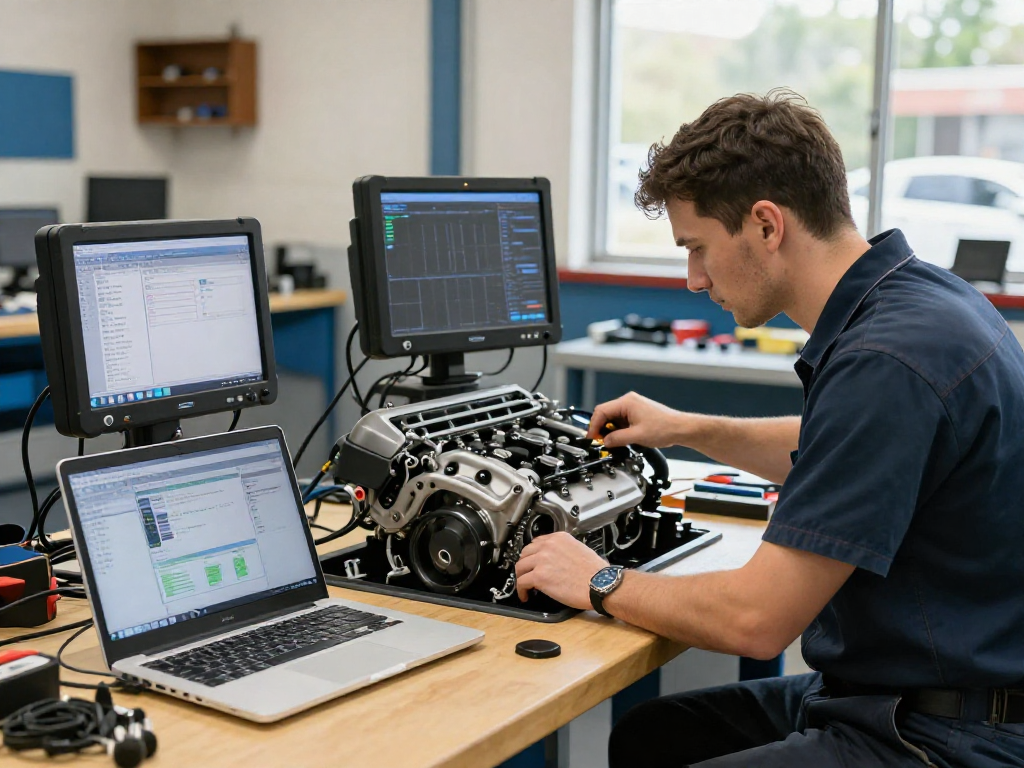 Chiptuning Hannover: Professionelle Arbeit an einem BMW-Motor in einer modernen Kfz-Werkstatt.