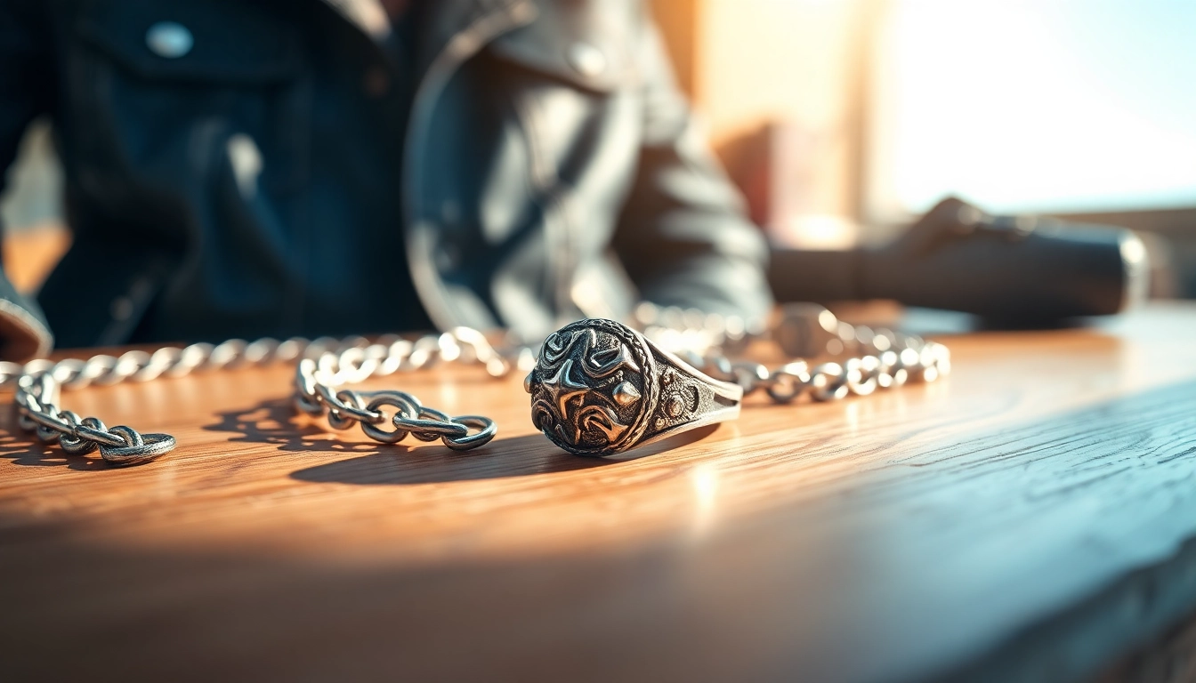 Biker jewelry ring and bracelet displayed elegantly, showcasing craftsmanship and style.