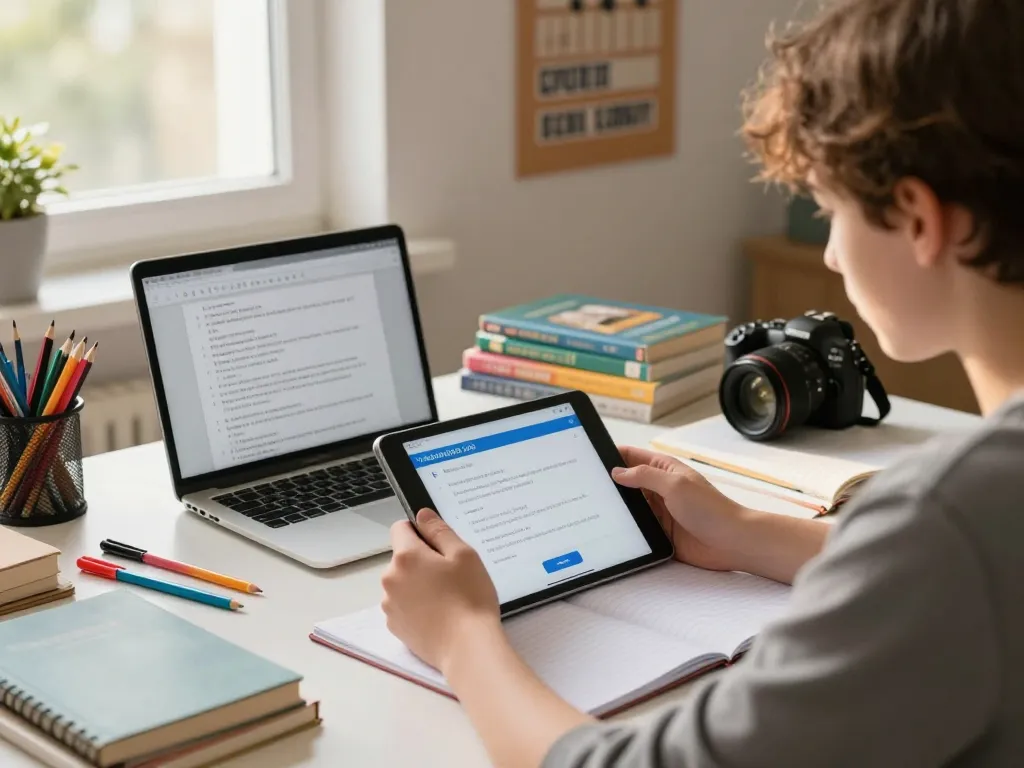 Student, der eine Hausaufgaben-Scanner-App in einem gemütlichen Arbeitszimmer mit Lehrbüchern verwendet.