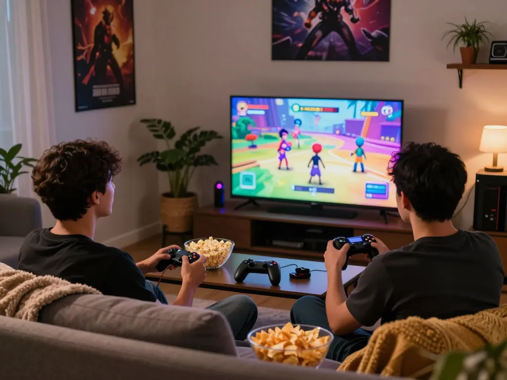 Engaging adults playing sexgames on a large screen in a cozy lounge.