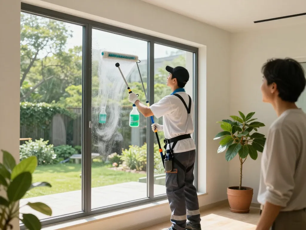 Experten für Fensterreinigungsdienste Fensterreinigung durch Profis in deiner Region, die klare, funkelnde Fenster in einem hellen Zuhause zeigen.