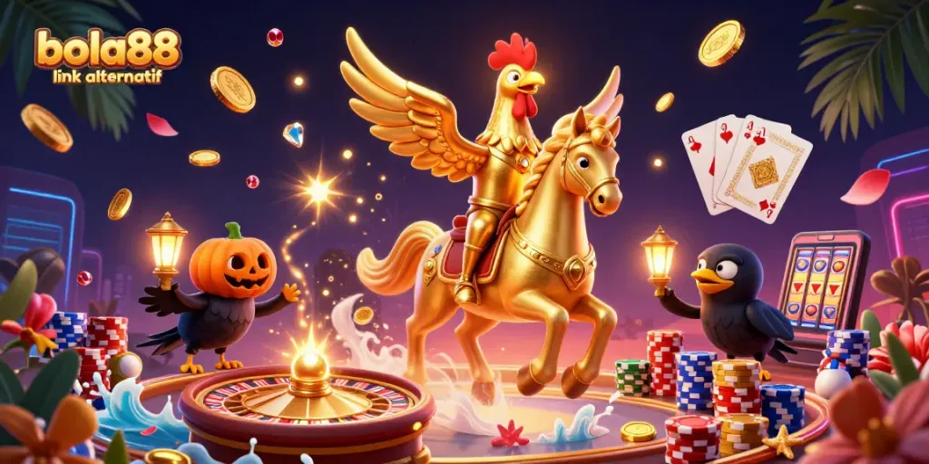 Bet on sports with bola88 link alternatif, featuring vibrant illustrations of casino elements.