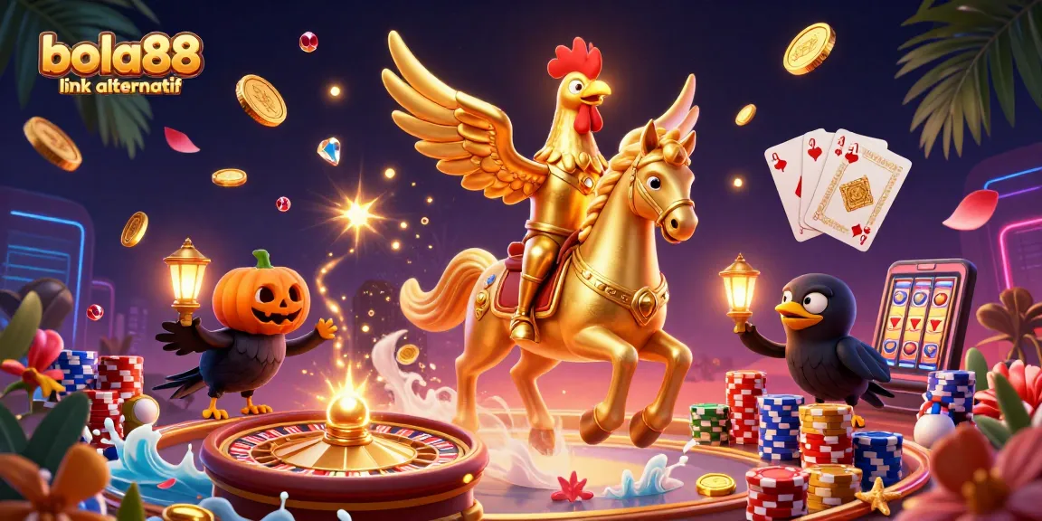 Bet on sports with bola88 link alternatif, featuring vibrant illustrations of casino elements.