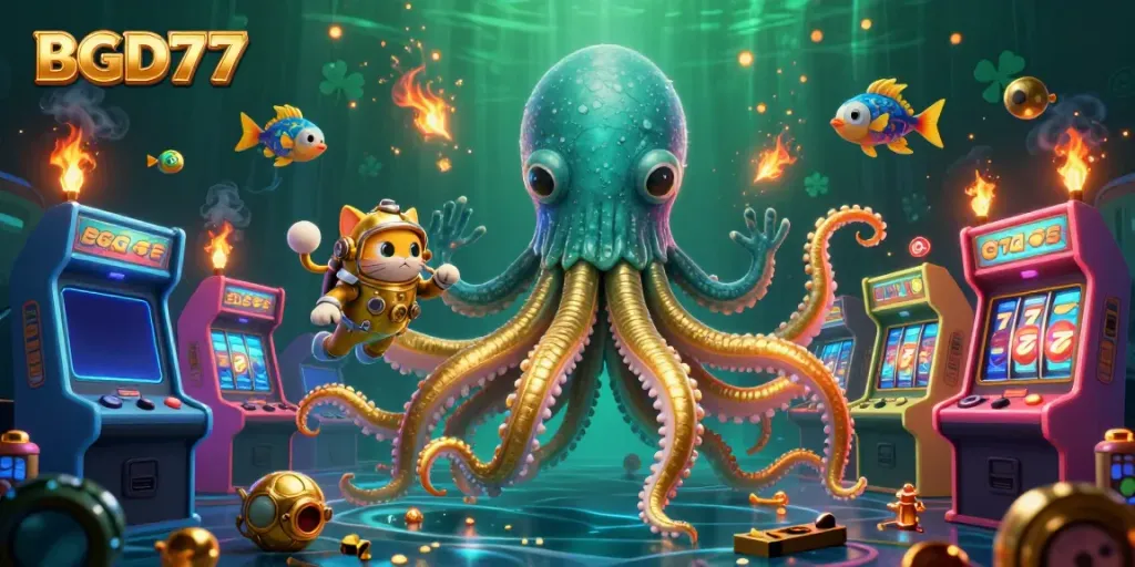 Experience the excitement of BGD77 with a dynamic scene featuring a kraken and a diving cat amidst casino-themed graphics.