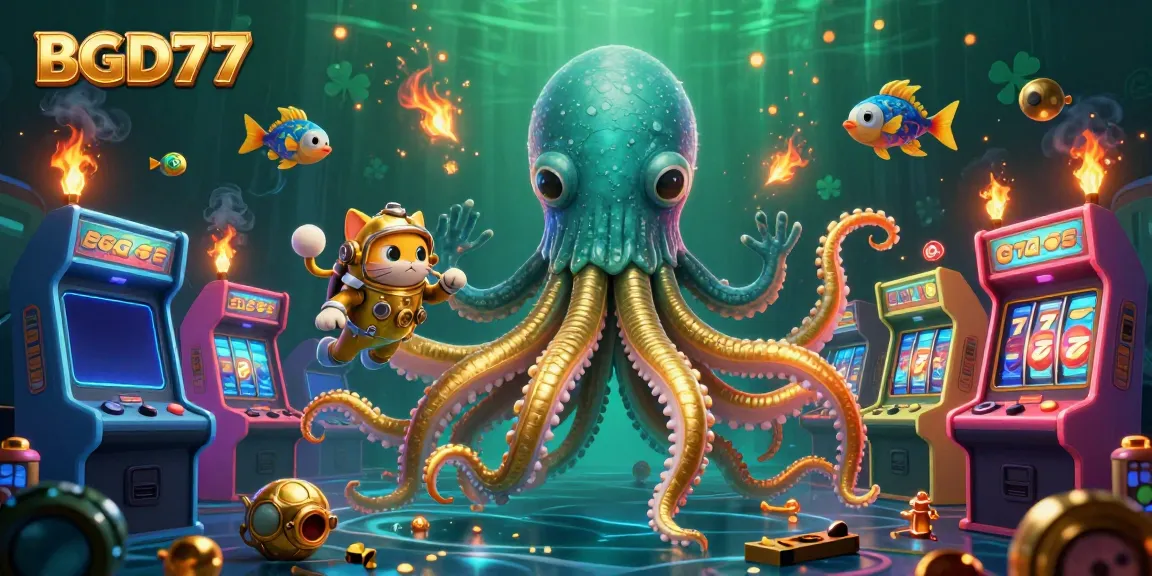 Experience the excitement of BGD77 with a dynamic scene featuring a kraken and a diving cat amidst casino-themed graphics.