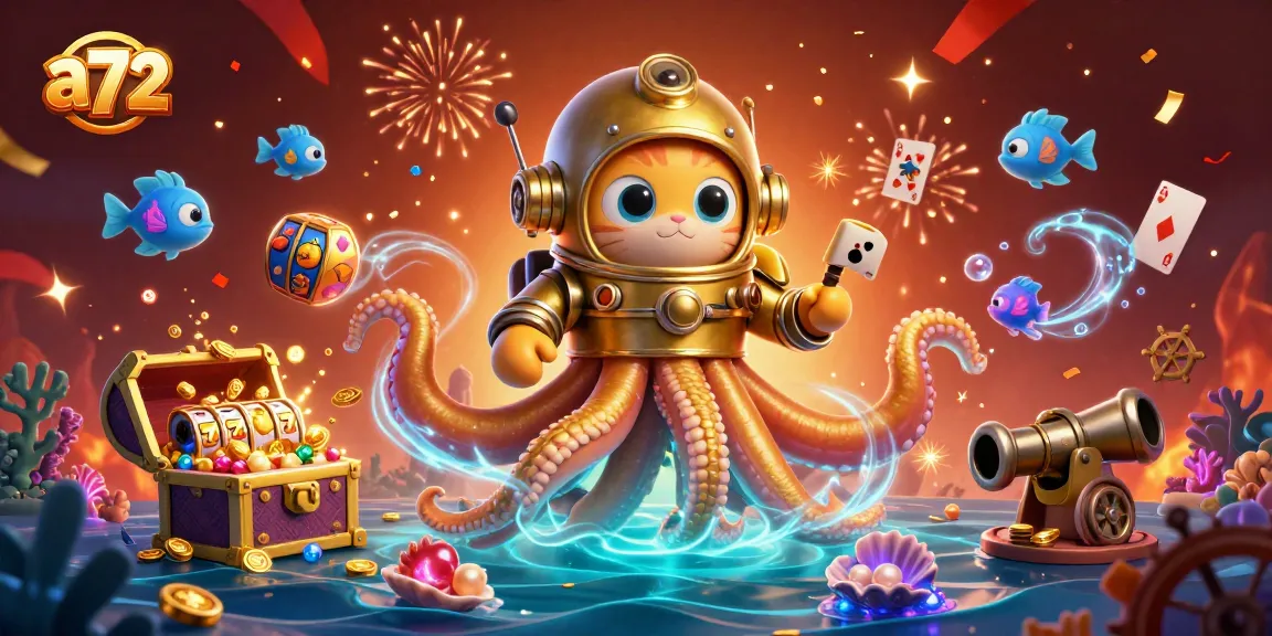 Play slot games with a72's colossal kraken and diving cat illustration, capturing the essence of underwater treasures.