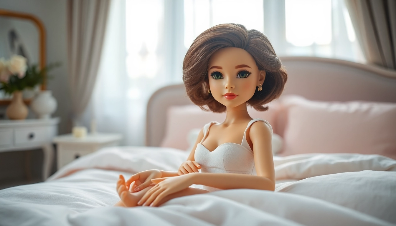 Verführerische Love Dolls, elegant in einem stilvollen Schlafzimmer, harmonisch inszeniert.