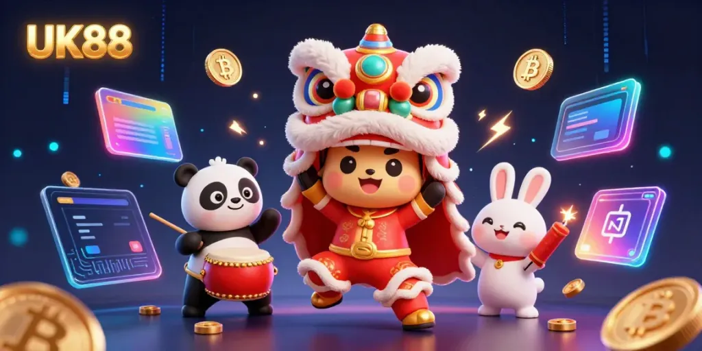 Experience UK88's vibrant casino vibe with 3D cartoon characters in a festive lion dance, casino elements, and glowing crypto coins.