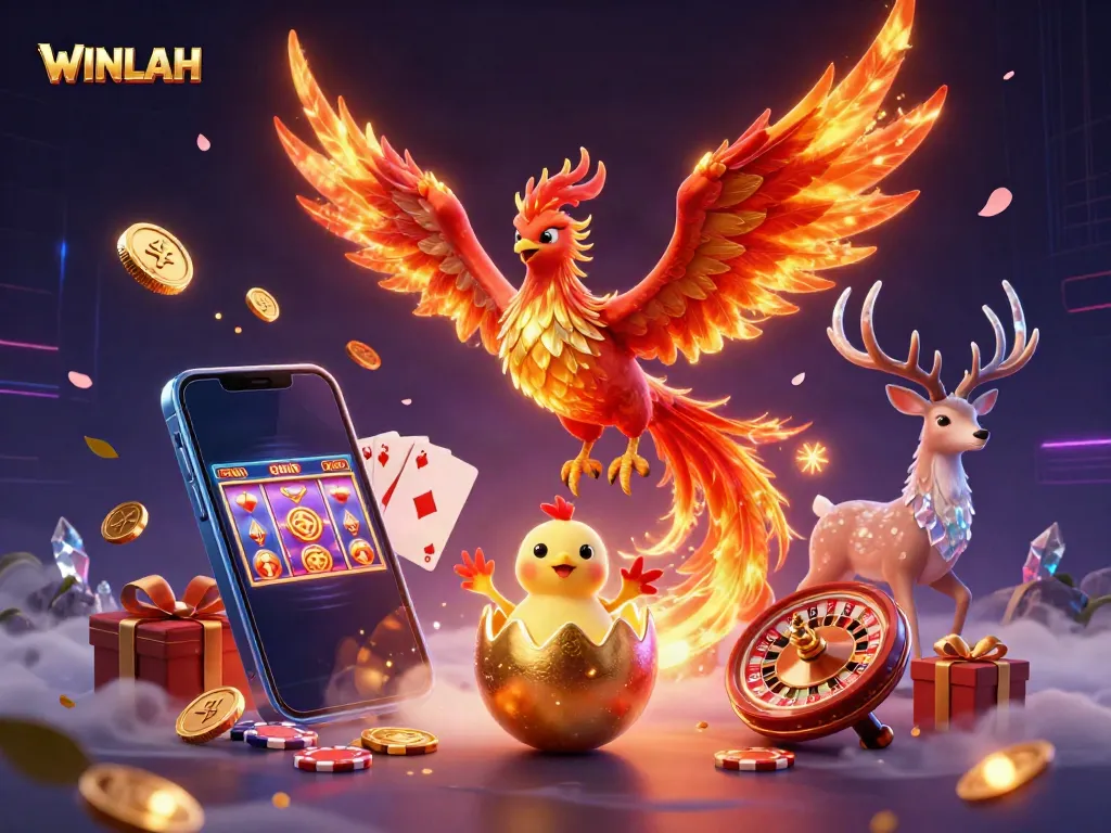 WINLAH captivates with a fiery phoenix and golden symbols, representing exciting gambling adventures.