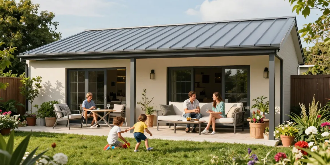 Familie genießt Zeit unter hochwertigen Terrassenüberdachungen im Garten.