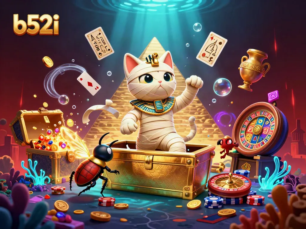 Engage with thrilling casino adventures at b52i featuring a mummy cat in a glamorous pyramid.