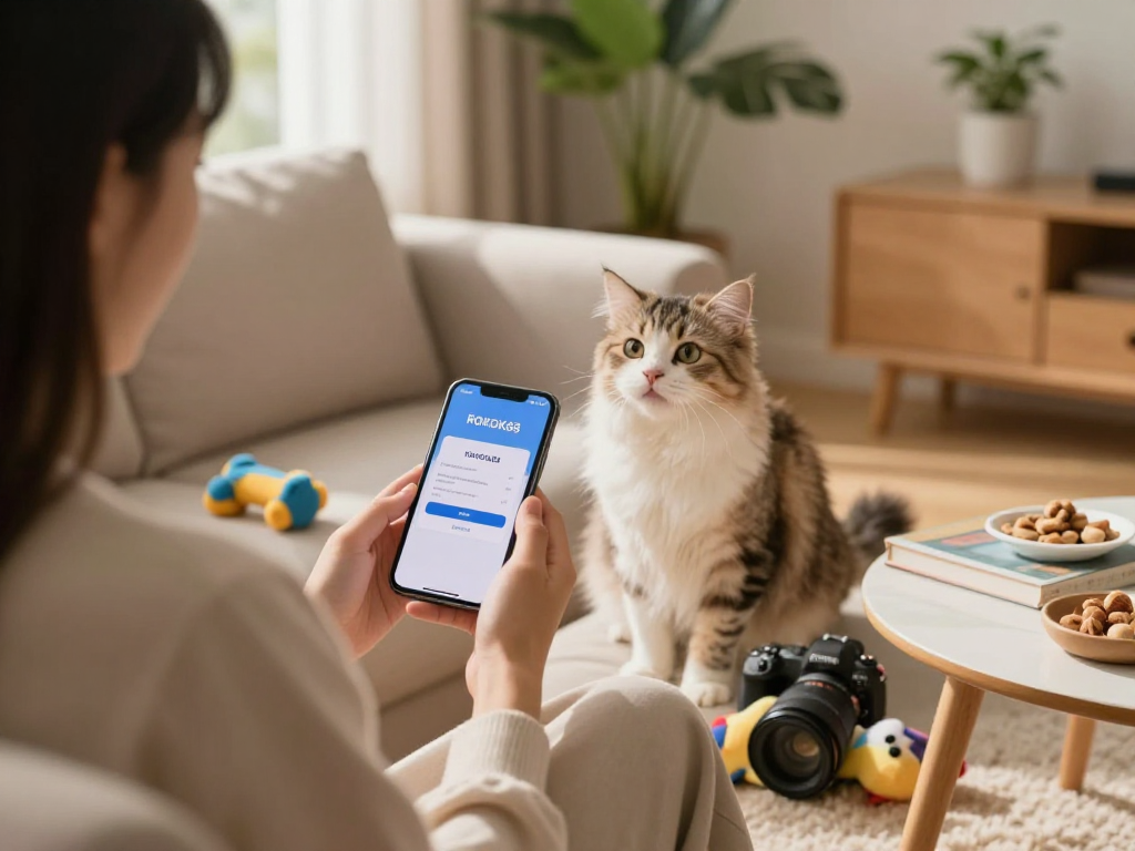 Engaging pet owner using rokok88 login on smartphone with playful cat in cozy home.