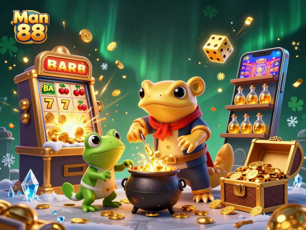 Experience immersive gaming action with Man 88's vibrant 3D illustrated casino scene filled with excitement.