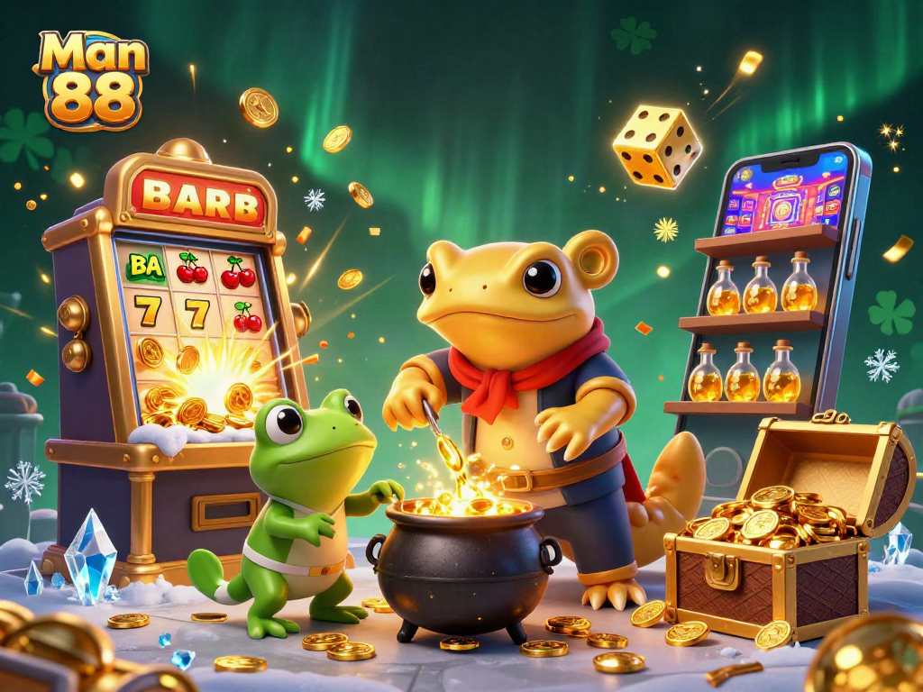 Experience immersive gaming action with Man 88's vibrant 3D illustrated casino scene filled with excitement.