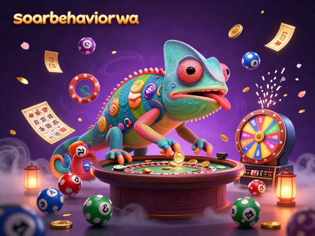 Engage with soarbehaviorwa's exciting world, where a colorful chameleon casino owner delights in golden coins and vibrant lottery balls.