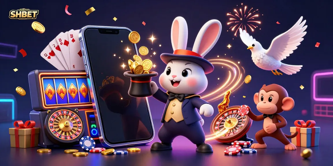 Experience the magic of SHBET with a spirited scene featuring a magician rabbit, a dove, and a monkey amidst casino games.