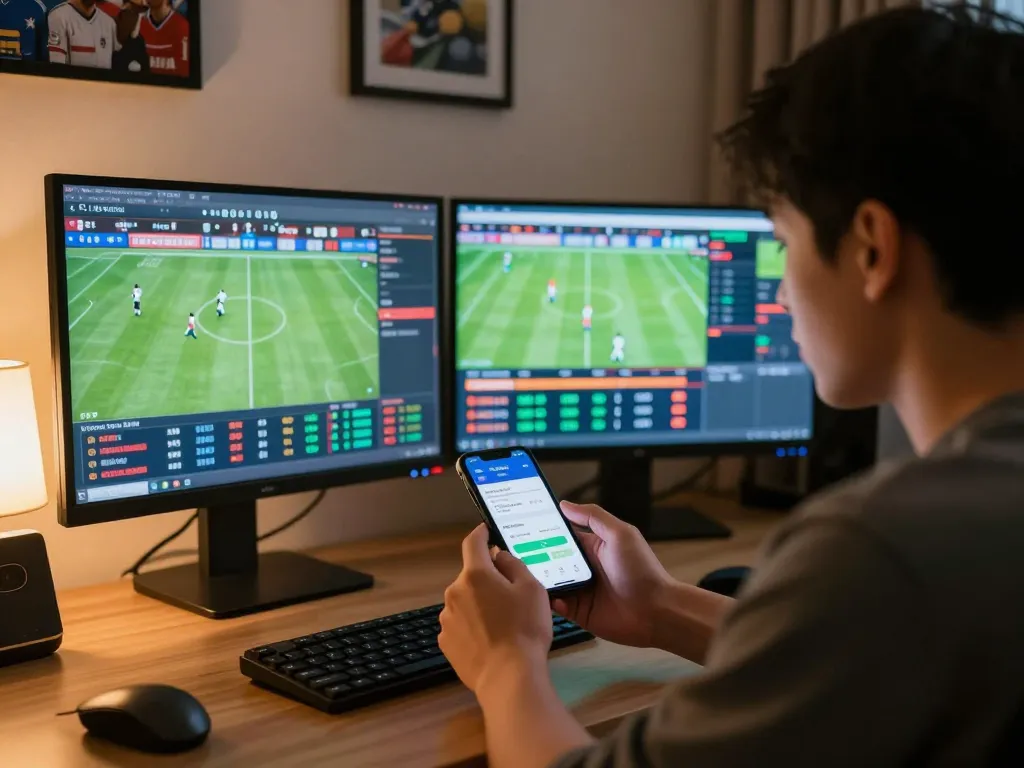 Engaging in kèo bóng đá trực tuyến betting at home with multiple screens and mobile app