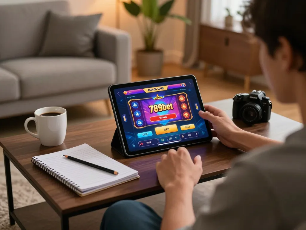 Engaging with 789bet đăng ký on a tablet in a cozy home setup, showcasing online gambling atmosphere.