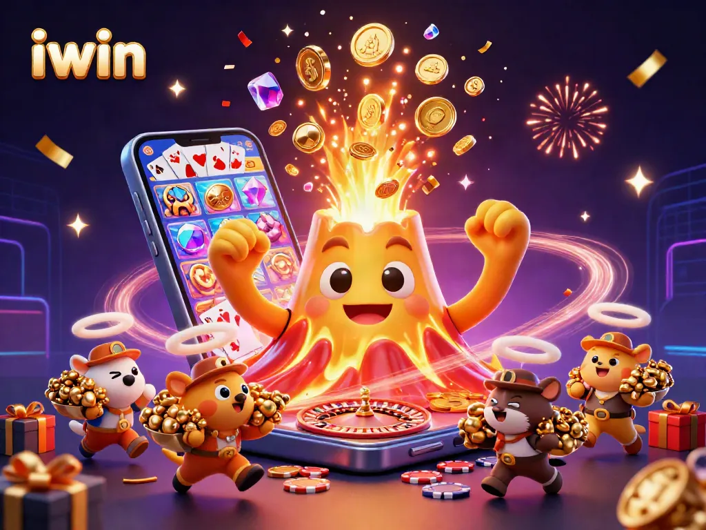 Experience iwin with thrilling casino gameplay featuring joyful characters amid a vibrant eruption of treasures.