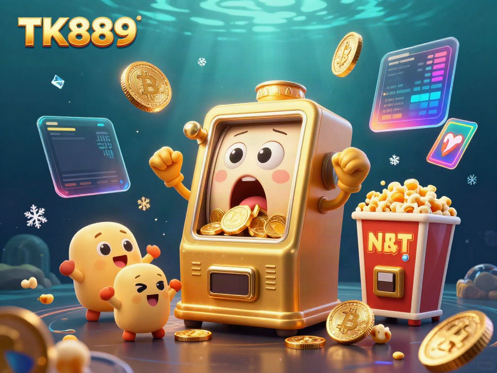 Experience excitement at TK889 with a golden slot machine hitting the jackpot amidst crypto-themed decorations.