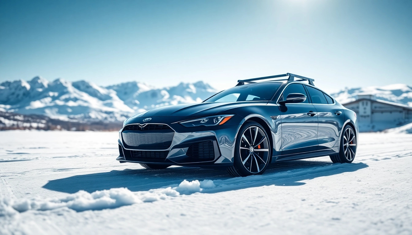 Auto Kufen in action on a winter road with snow-covered mountains in the background.