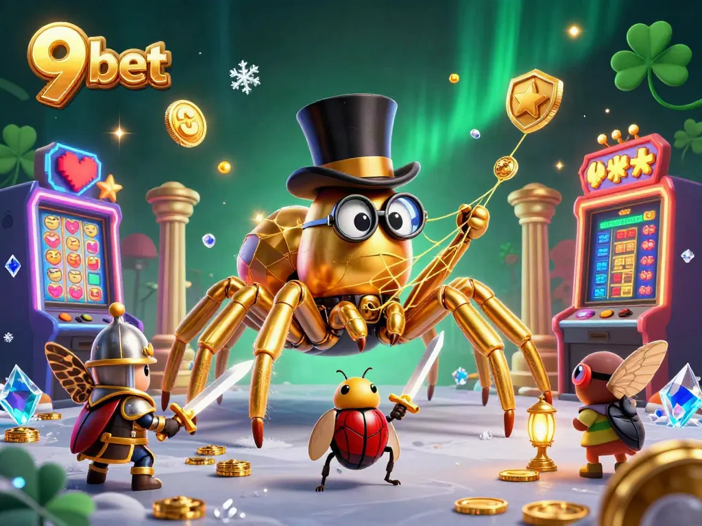 Engage with 9 bet in a thrilling 3D casino scene featuring a golden tarantula, a beetle knight, and exciting game elements.