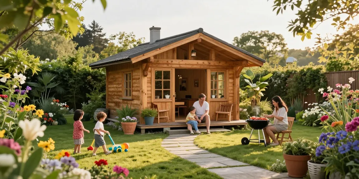 Ein wunderschönes Garten Haus umgeben von bunten Blumen und spielenden Kindern im Garten.