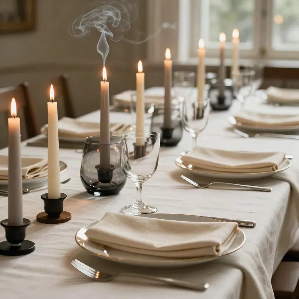 Elegante Tischdeko mit brennenden Kerzen, Porzellan und Rauch im warmen Licht.