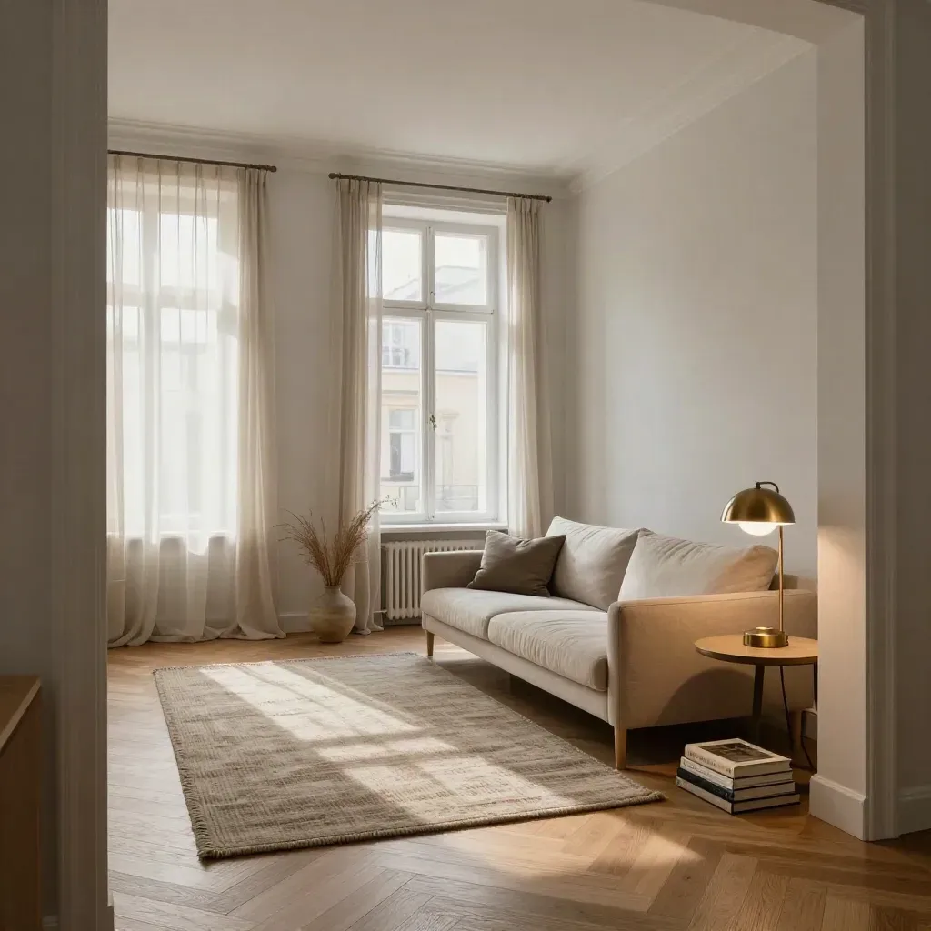 Altbau-Wohnzimmer in Berlin-Mitte mit hellem Eichenholz, Draperie und warmem Fensterlicht
