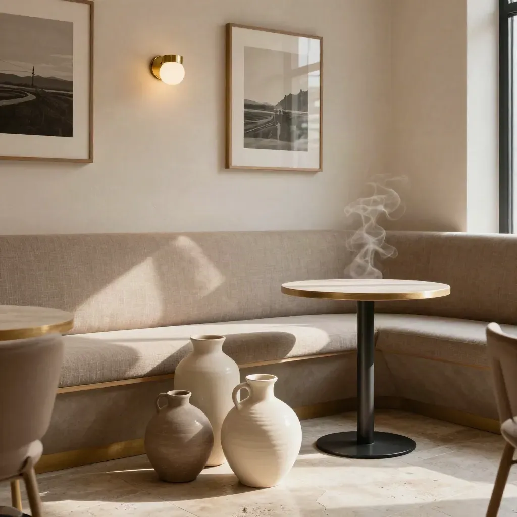Gemütliche Café-Ecke in Potsdam mit Wandbildern, Vasen, Bank und warmen Wandlampen.