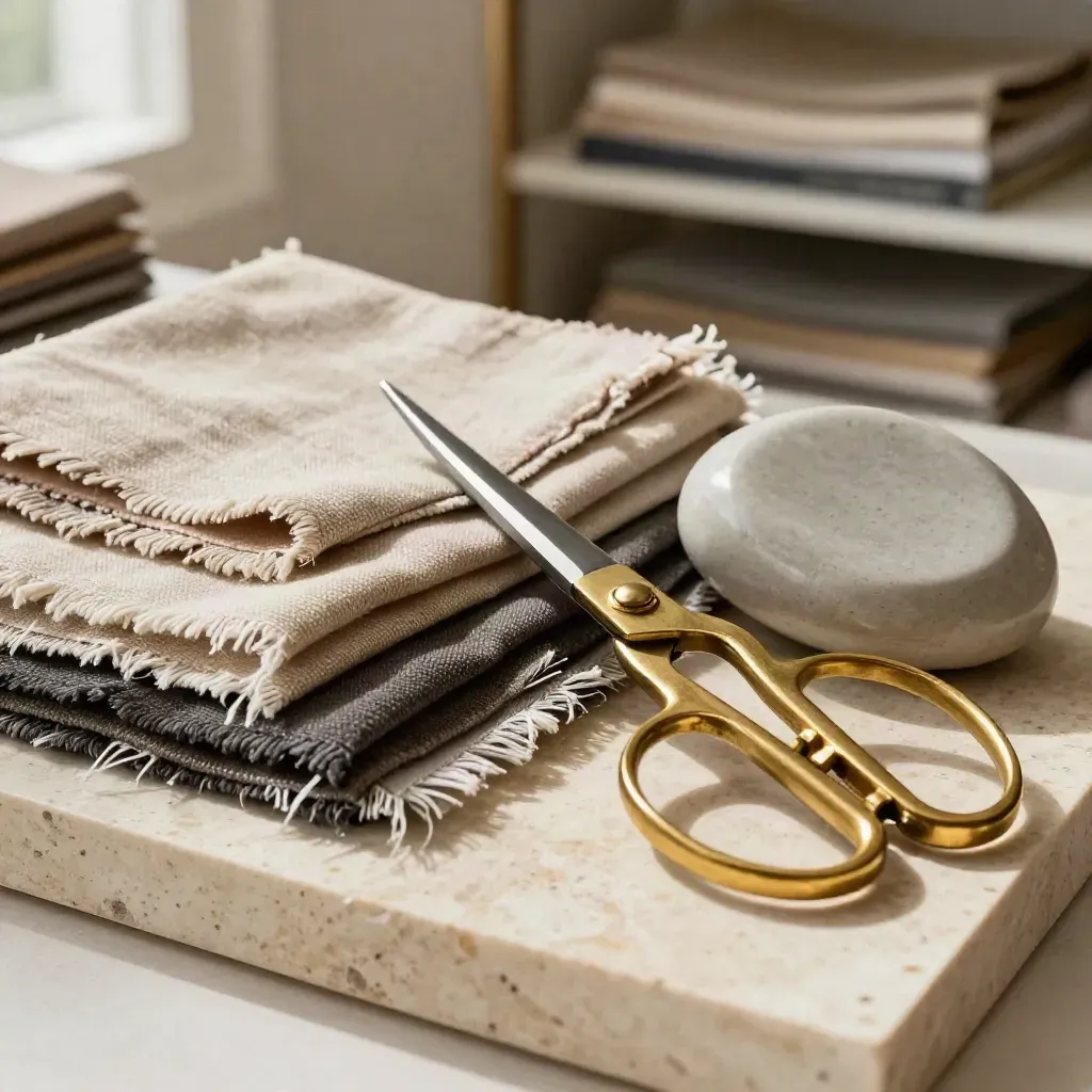 Linenmuster, Messingschere und Farbsteinprobe auf Travertin im Interior-Styling